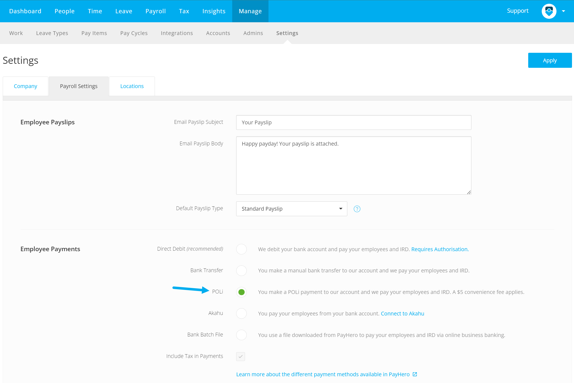 How do I pay my employees - Select POLi in Payroll Settings.png